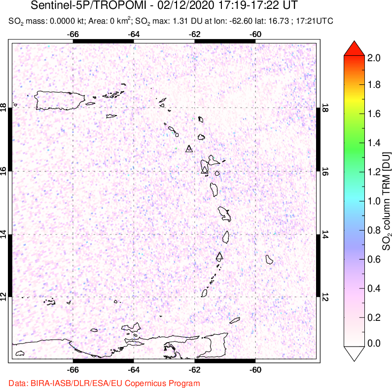 A sulfur dioxide image over Montserrat, West Indies on Feb 12, 2020.