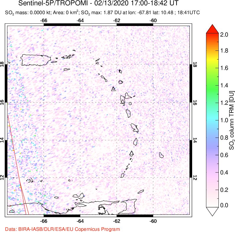 A sulfur dioxide image over Montserrat, West Indies on Feb 13, 2020.