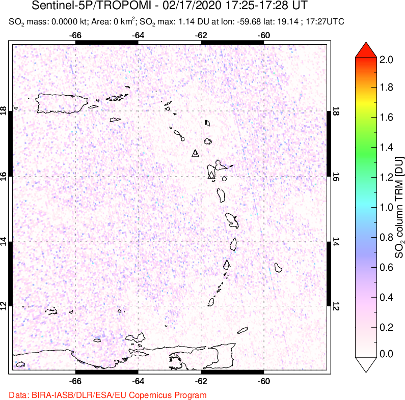 A sulfur dioxide image over Montserrat, West Indies on Feb 17, 2020.