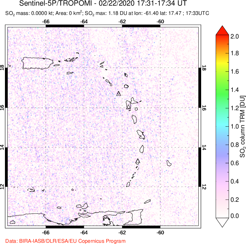 A sulfur dioxide image over Montserrat, West Indies on Feb 22, 2020.