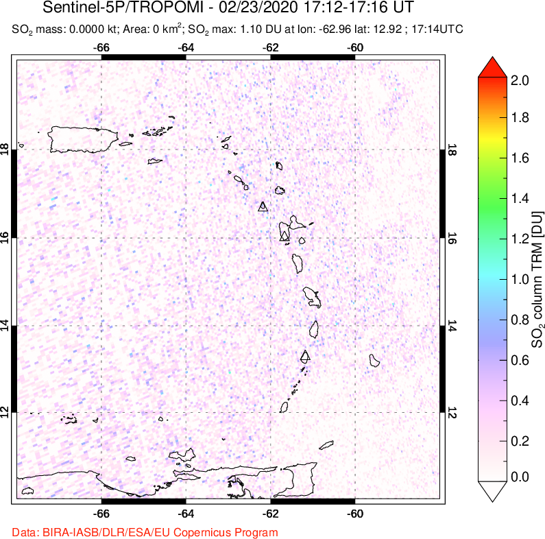 A sulfur dioxide image over Montserrat, West Indies on Feb 23, 2020.