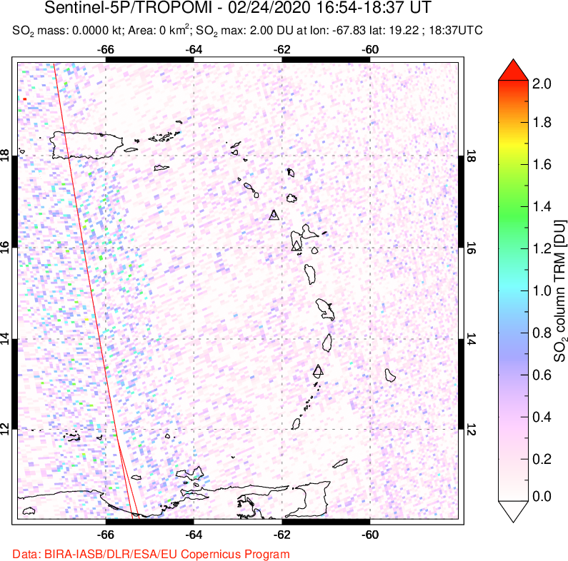 A sulfur dioxide image over Montserrat, West Indies on Feb 24, 2020.