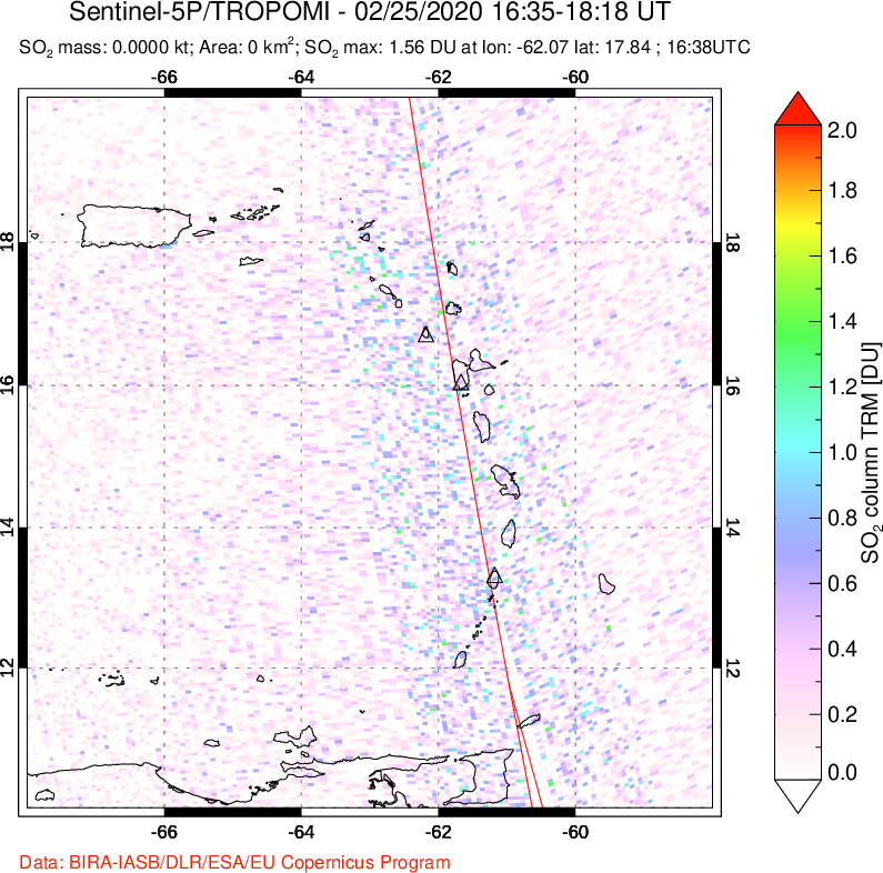 A sulfur dioxide image over Montserrat, West Indies on Feb 25, 2020.