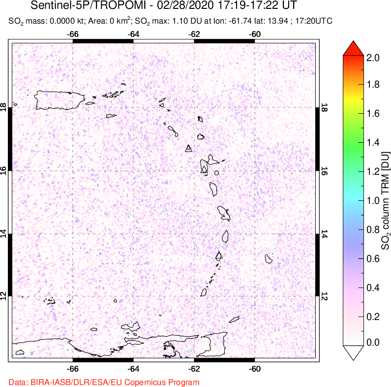 A sulfur dioxide image over Montserrat, West Indies on Feb 28, 2020.