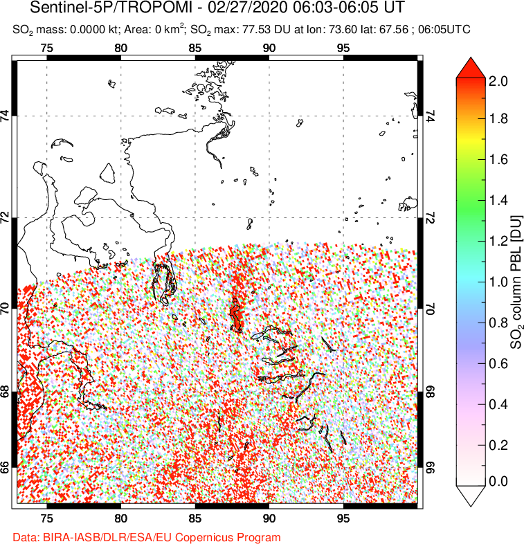 A sulfur dioxide image over Norilsk, Russian Federation on Feb 27, 2020.