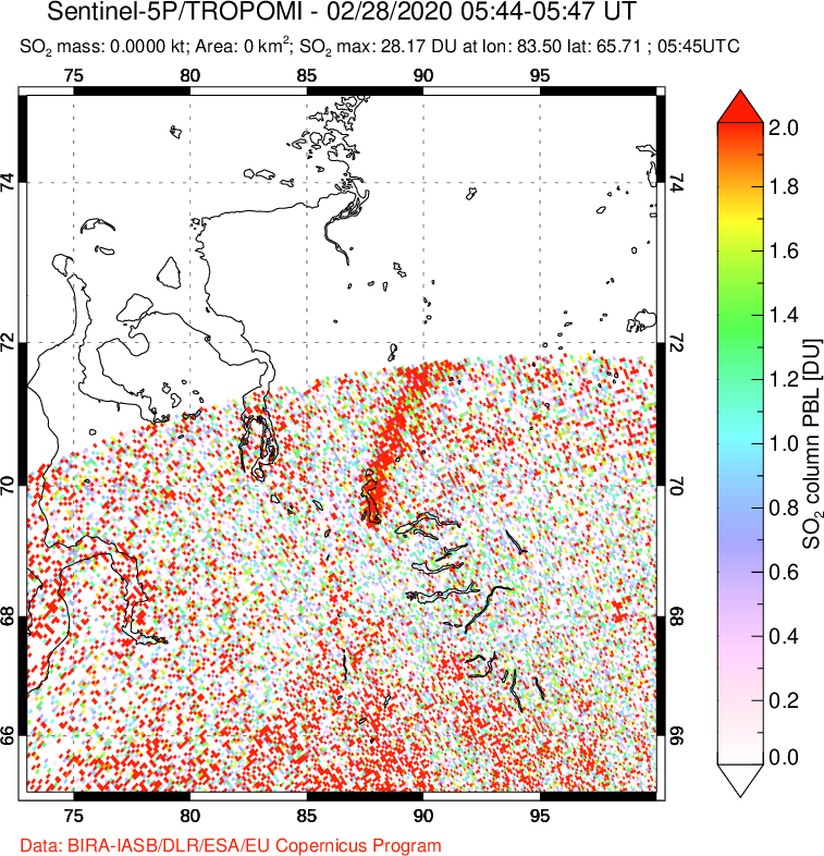 A sulfur dioxide image over Norilsk, Russian Federation on Feb 28, 2020.