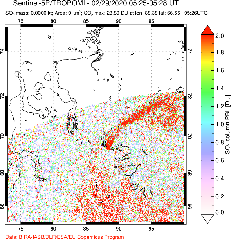A sulfur dioxide image over Norilsk, Russian Federation on Feb 29, 2020.