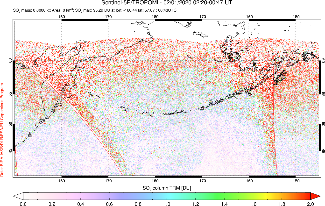 A sulfur dioxide image over North Pacific on Feb 01, 2020.