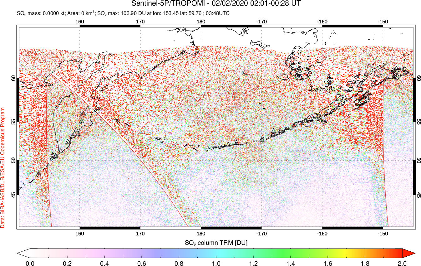 A sulfur dioxide image over North Pacific on Feb 02, 2020.