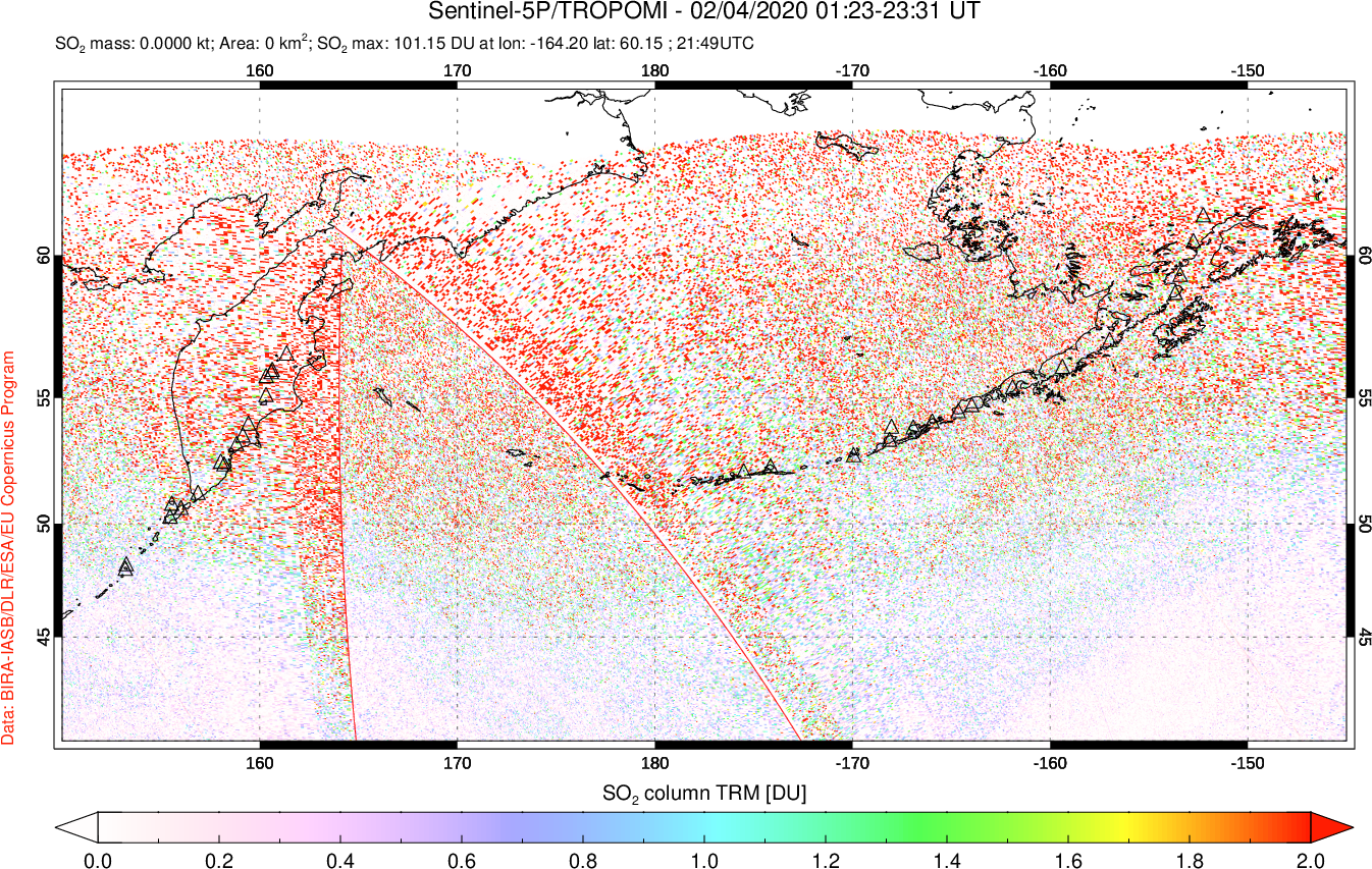 A sulfur dioxide image over North Pacific on Feb 04, 2020.