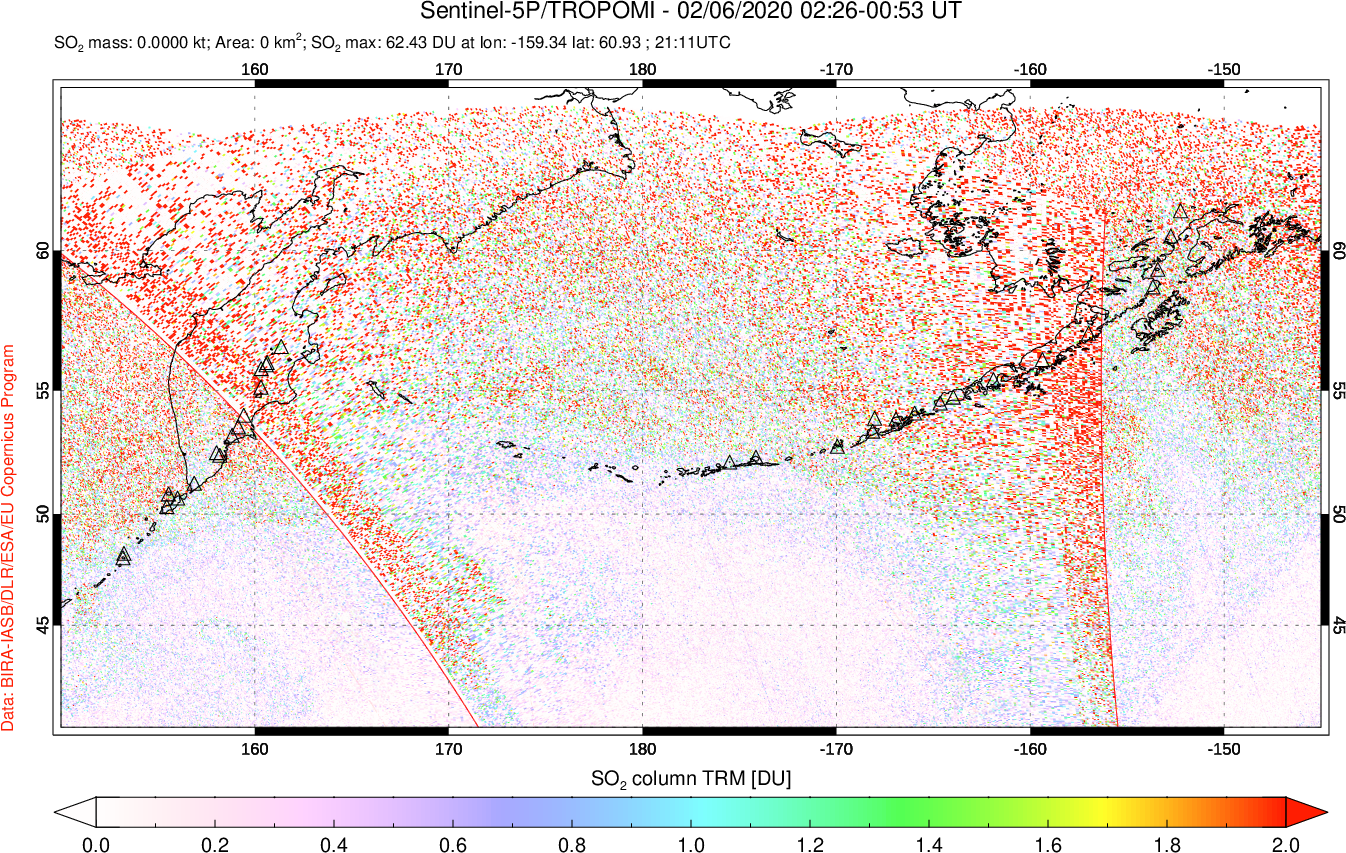 A sulfur dioxide image over North Pacific on Feb 06, 2020.
