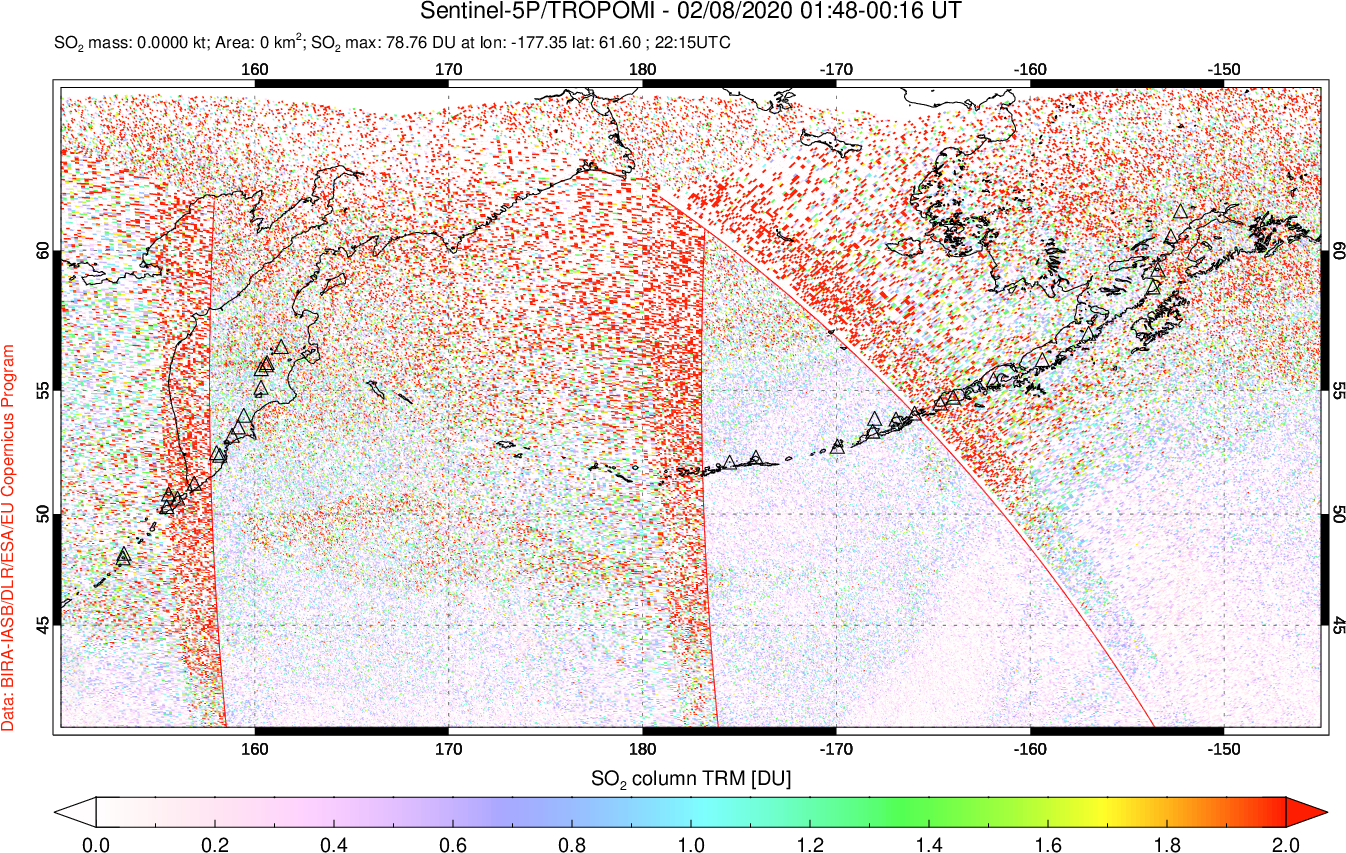 A sulfur dioxide image over North Pacific on Feb 08, 2020.