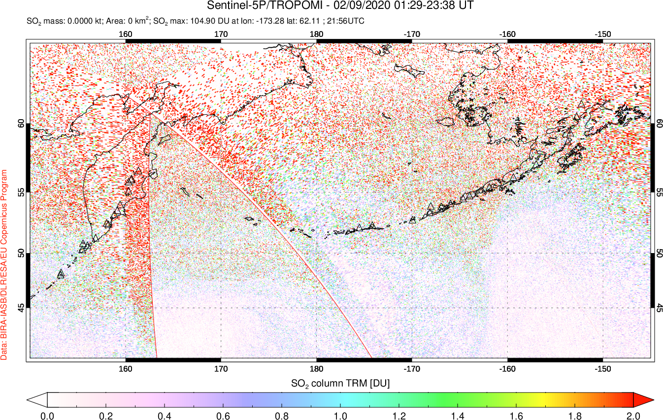 A sulfur dioxide image over North Pacific on Feb 09, 2020.