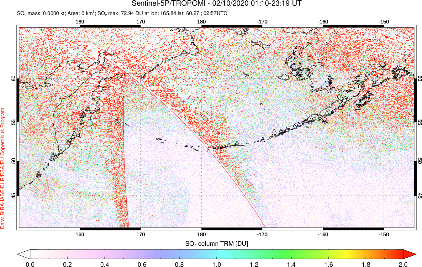 A sulfur dioxide image over North Pacific on Feb 10, 2020.