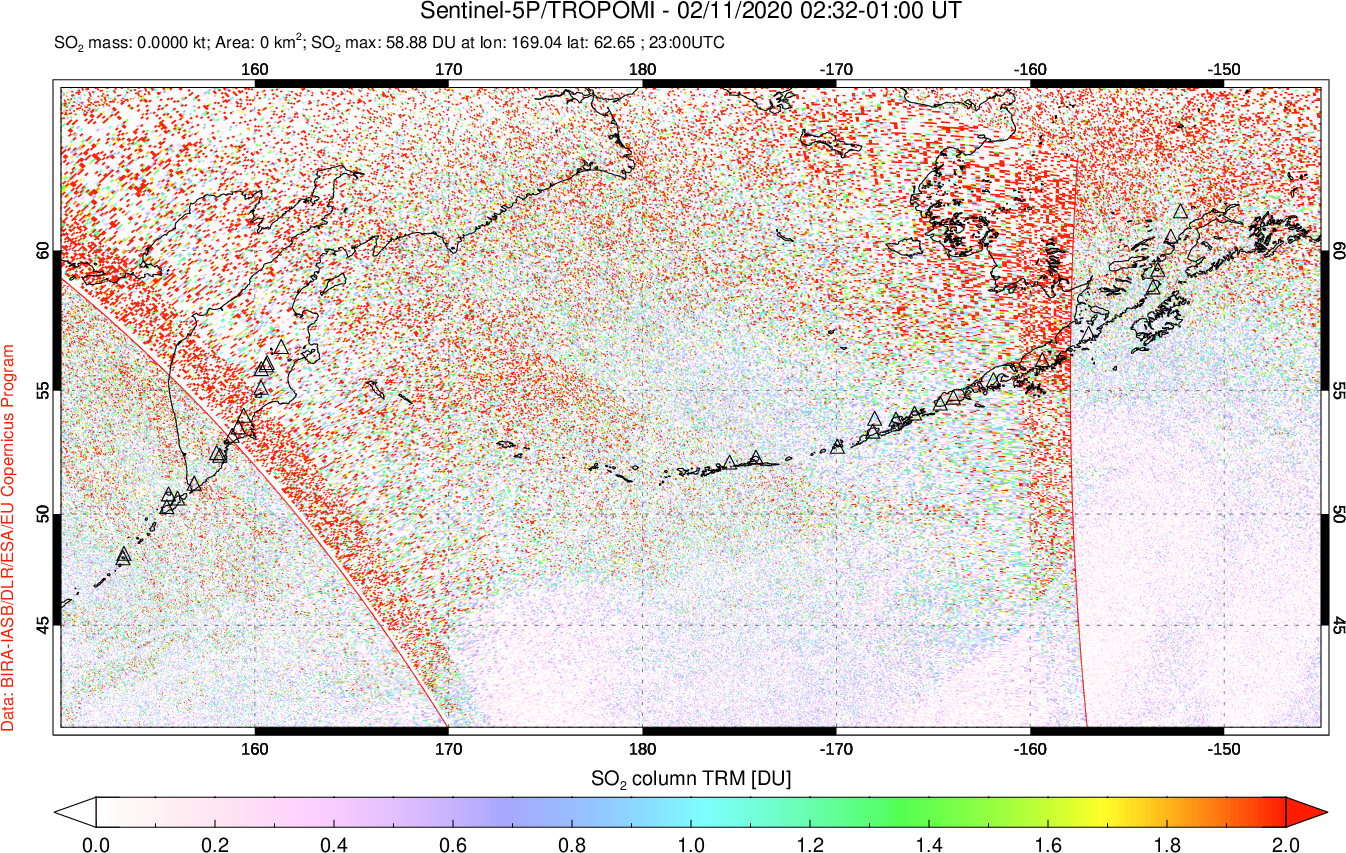 A sulfur dioxide image over North Pacific on Feb 11, 2020.