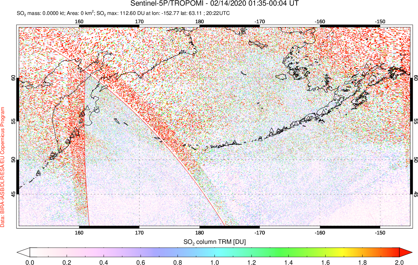 A sulfur dioxide image over North Pacific on Feb 14, 2020.