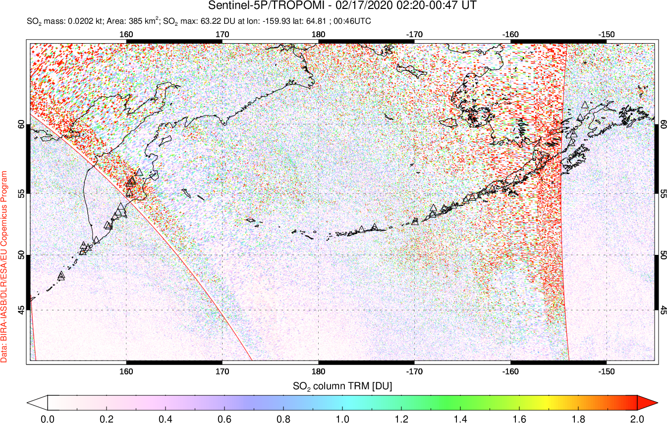 A sulfur dioxide image over North Pacific on Feb 17, 2020.