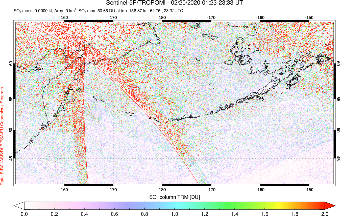 A sulfur dioxide image over North Pacific on Feb 20, 2020.