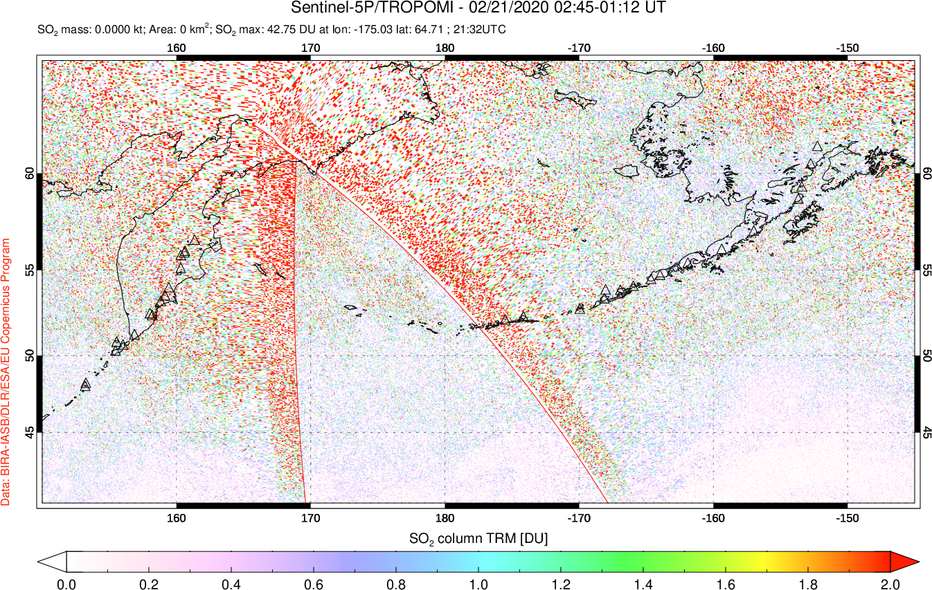 A sulfur dioxide image over North Pacific on Feb 21, 2020.