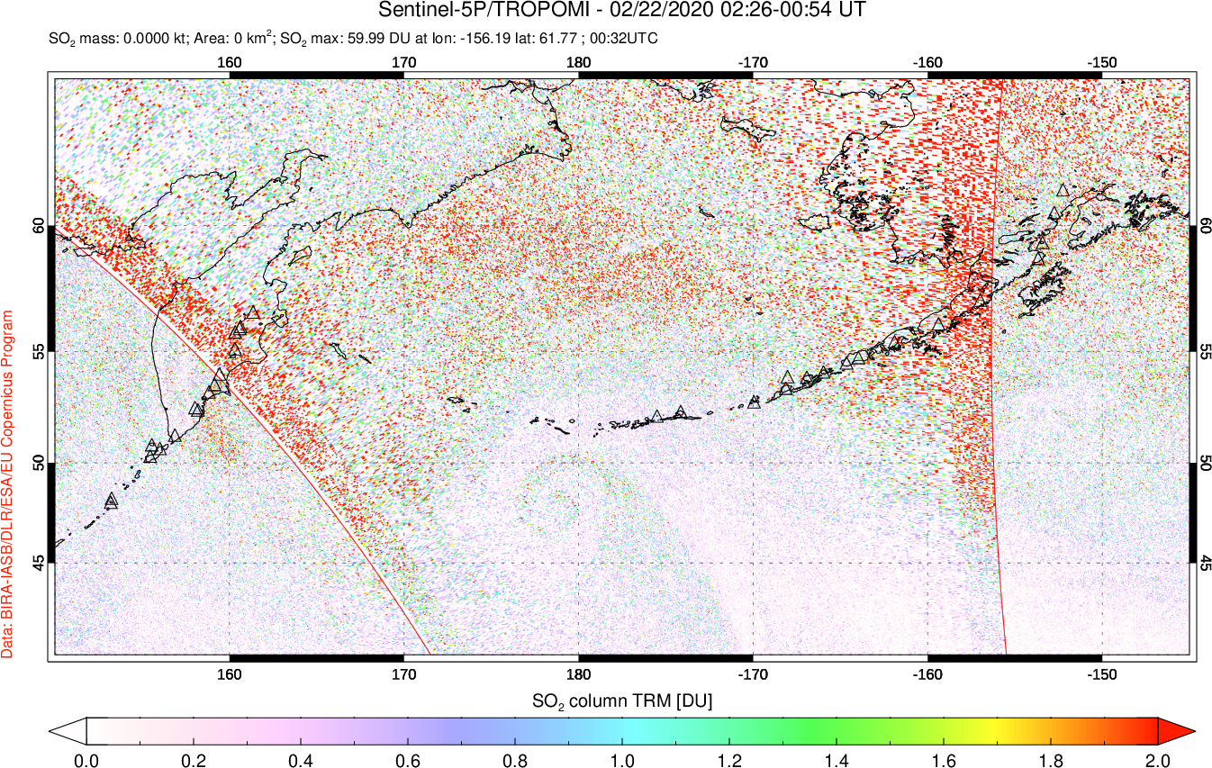 A sulfur dioxide image over North Pacific on Feb 22, 2020.