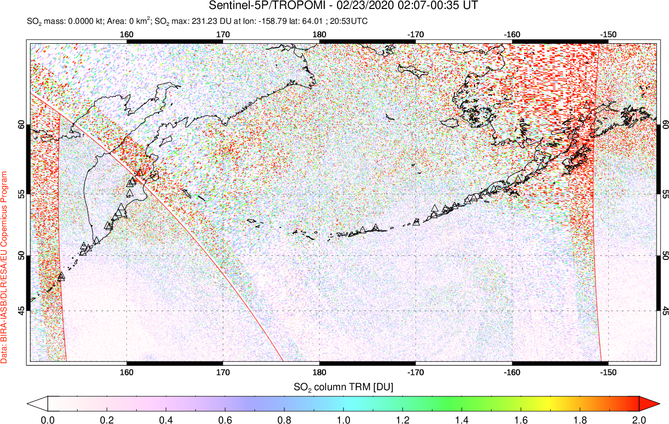 A sulfur dioxide image over North Pacific on Feb 23, 2020.