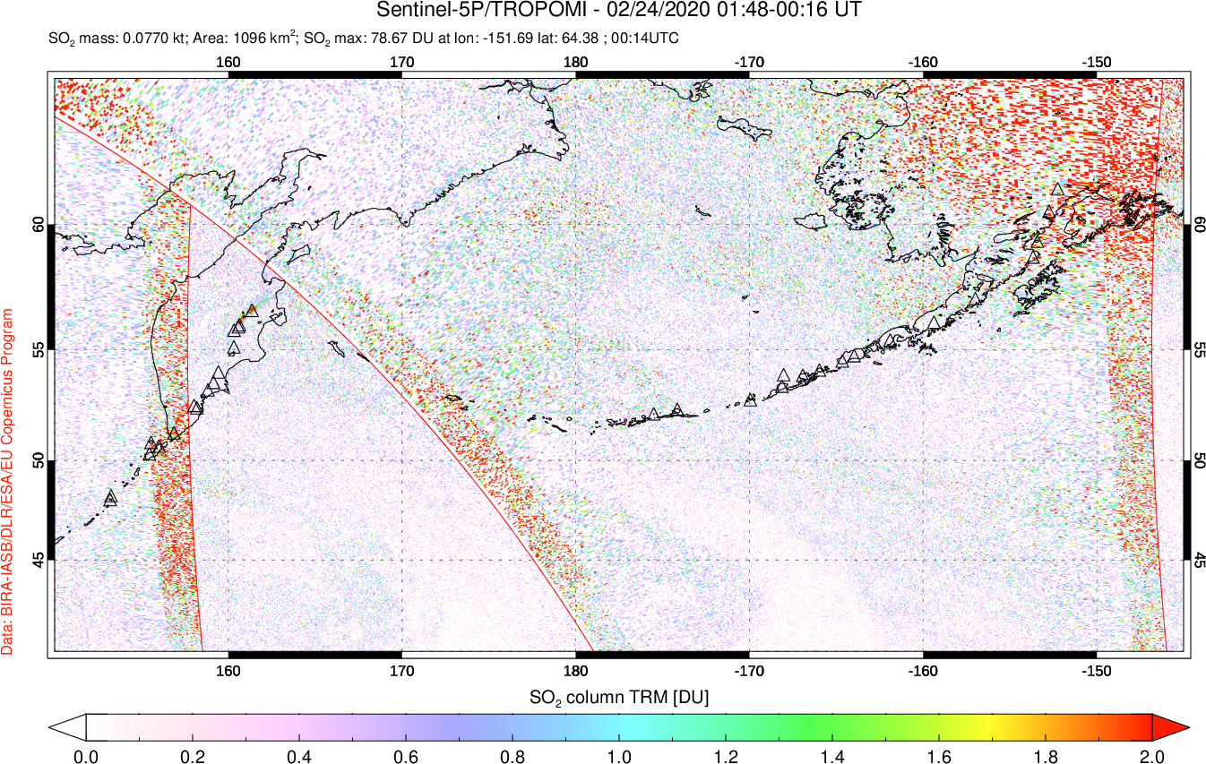A sulfur dioxide image over North Pacific on Feb 24, 2020.