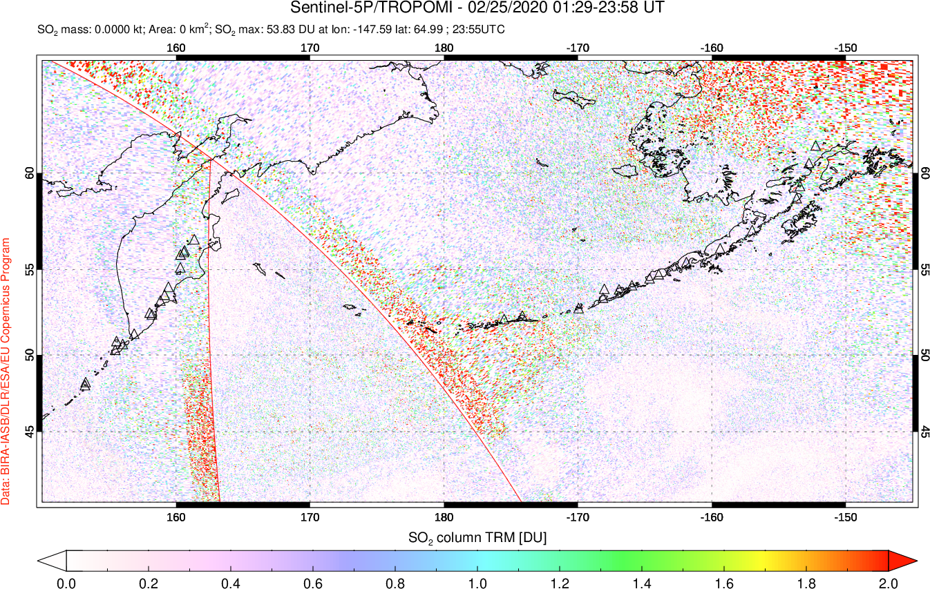 A sulfur dioxide image over North Pacific on Feb 25, 2020.