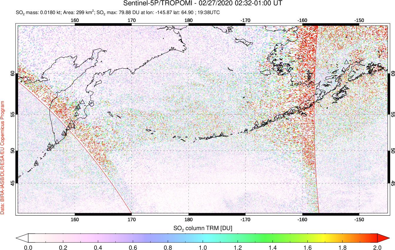 A sulfur dioxide image over North Pacific on Feb 27, 2020.