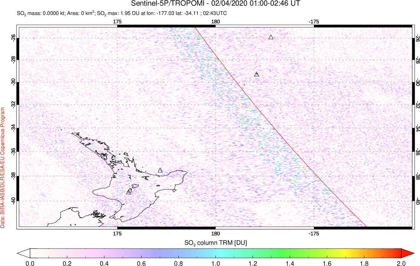 A sulfur dioxide image over New Zealand on Feb 04, 2020.