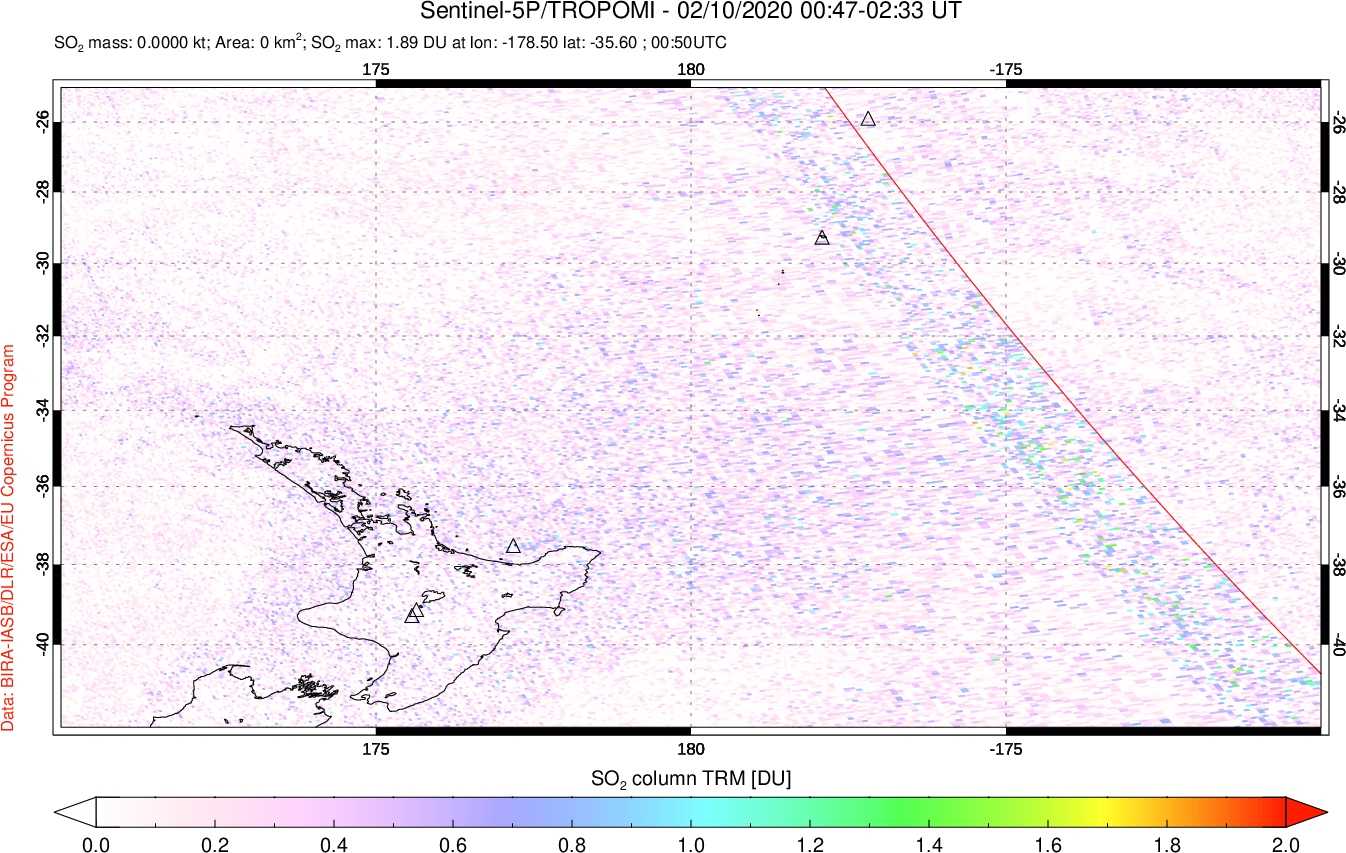 A sulfur dioxide image over New Zealand on Feb 10, 2020.