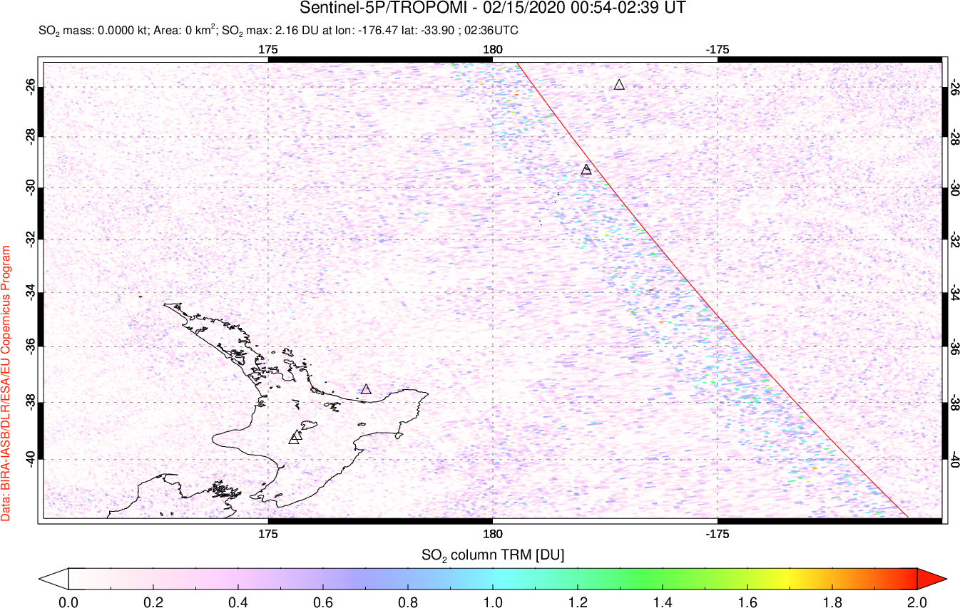 A sulfur dioxide image over New Zealand on Feb 15, 2020.