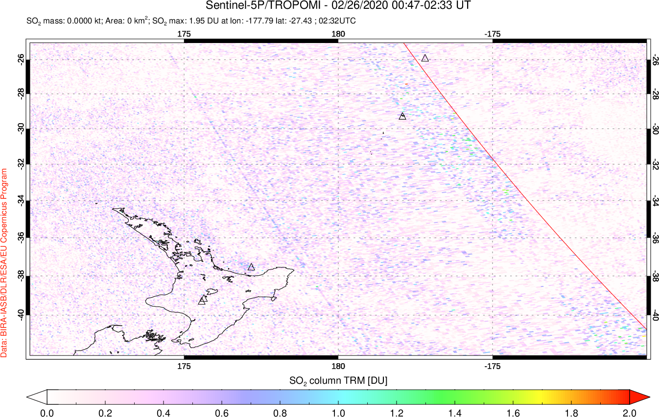 A sulfur dioxide image over New Zealand on Feb 26, 2020.