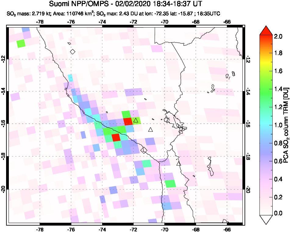 A sulfur dioxide image over Peru on Feb 02, 2020.