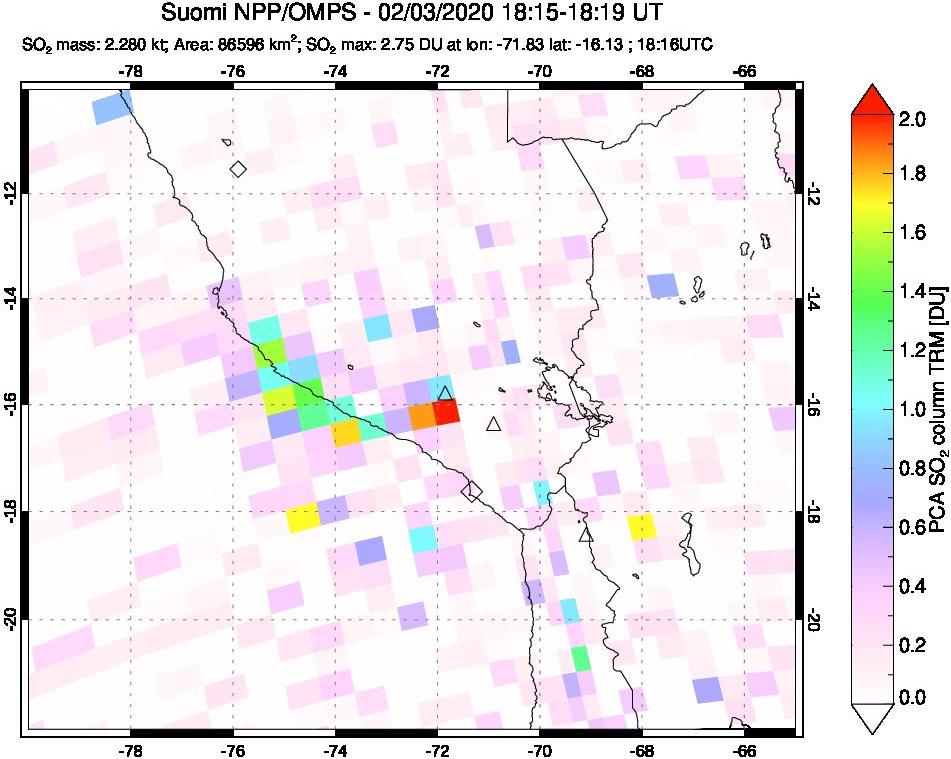 A sulfur dioxide image over Peru on Feb 03, 2020.