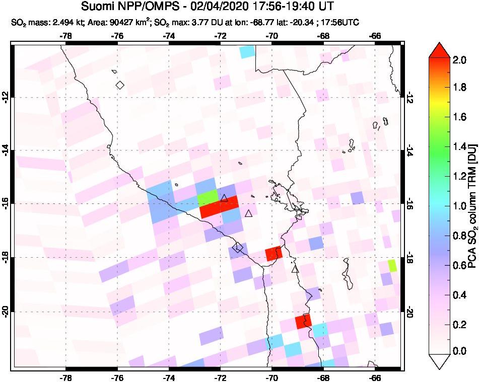 A sulfur dioxide image over Peru on Feb 04, 2020.