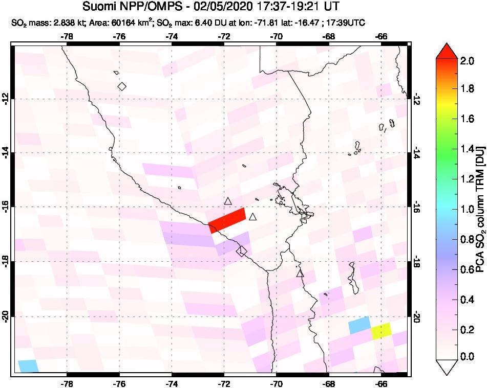 A sulfur dioxide image over Peru on Feb 05, 2020.
