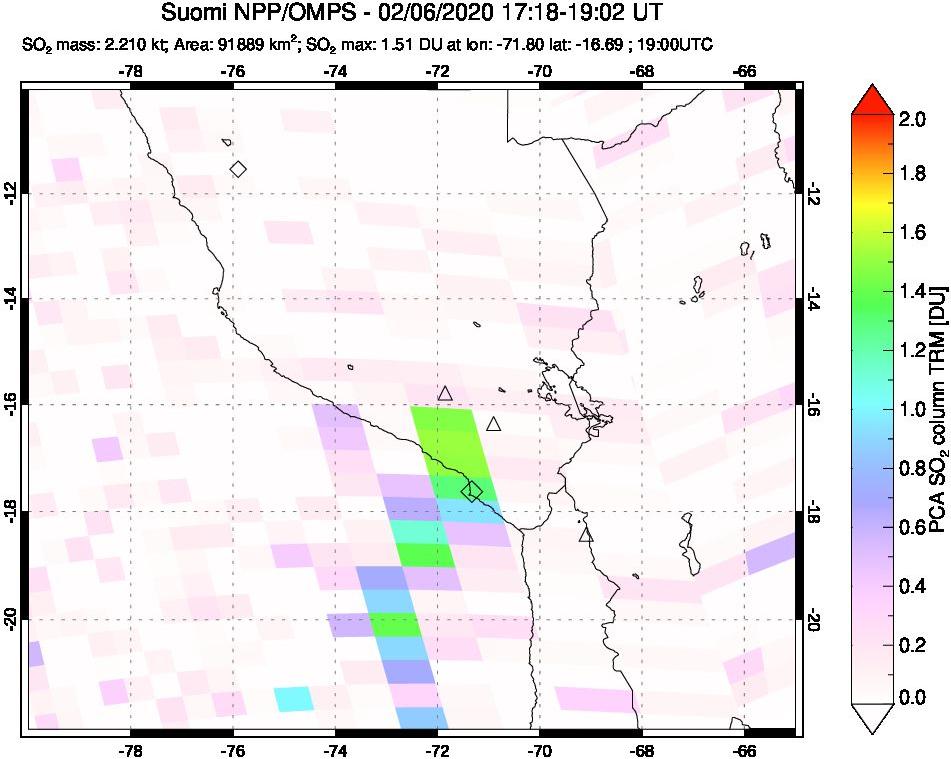 A sulfur dioxide image over Peru on Feb 06, 2020.
