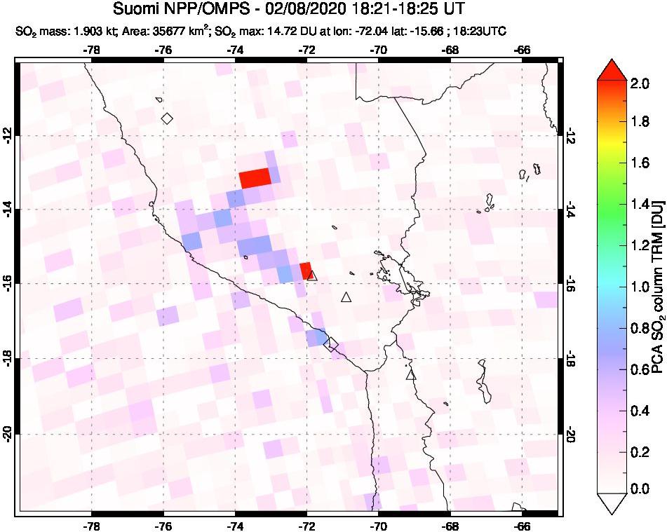 A sulfur dioxide image over Peru on Feb 08, 2020.