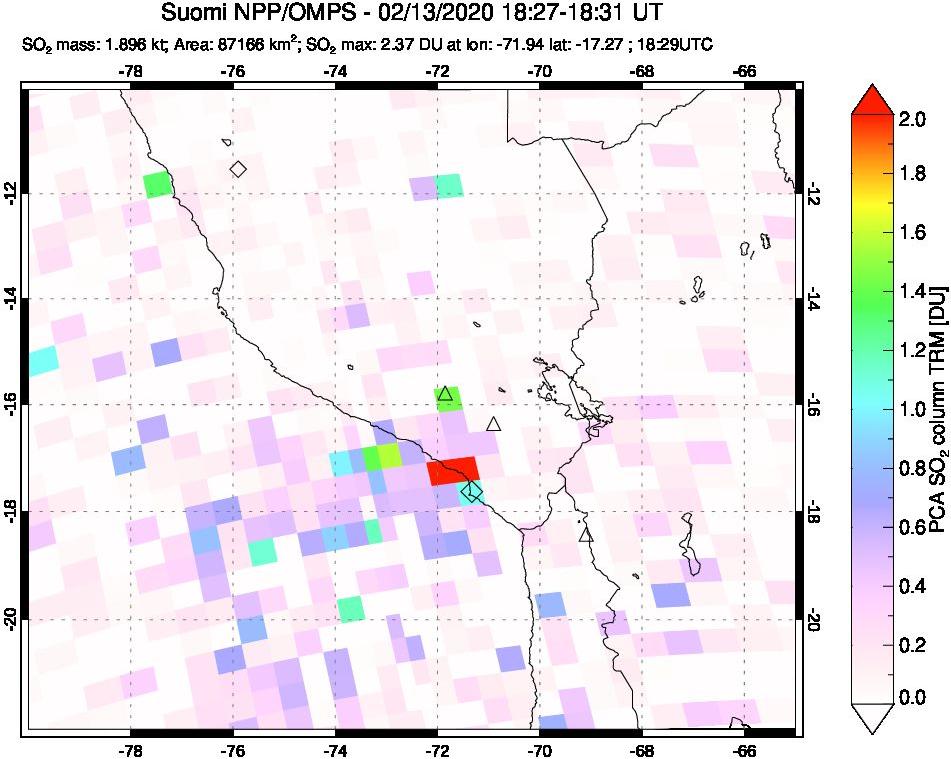 A sulfur dioxide image over Peru on Feb 13, 2020.