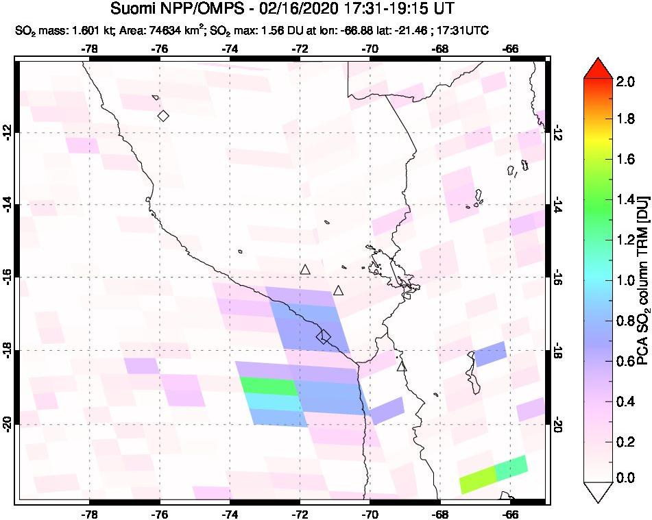 A sulfur dioxide image over Peru on Feb 16, 2020.