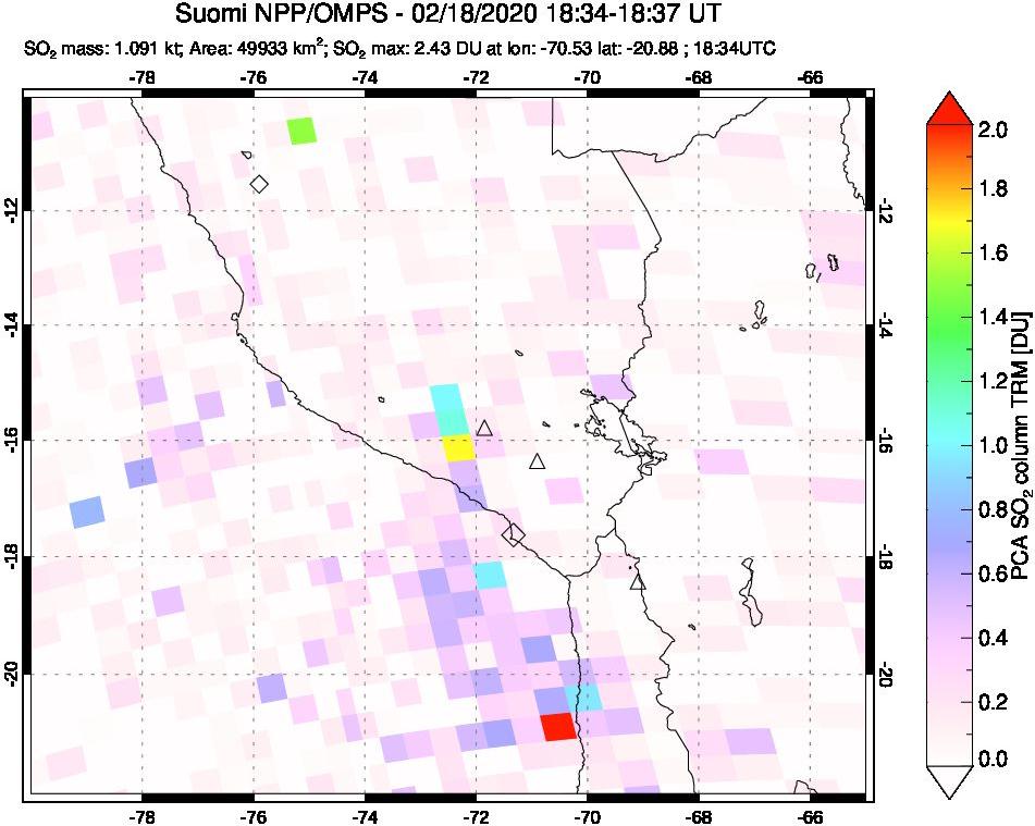 A sulfur dioxide image over Peru on Feb 18, 2020.