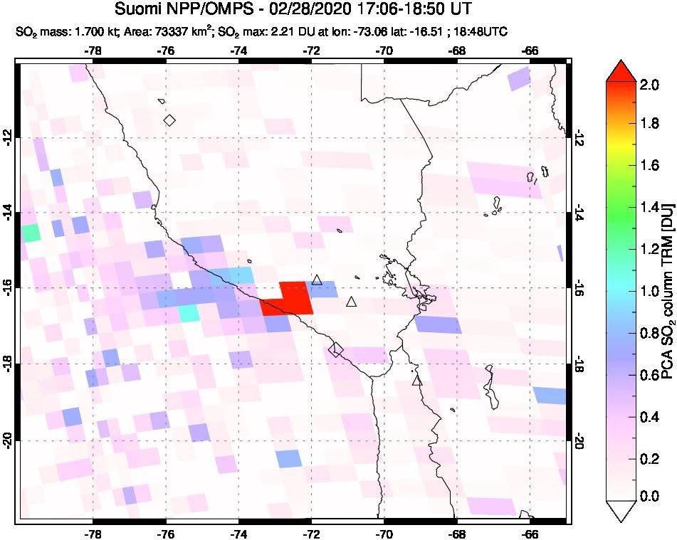 A sulfur dioxide image over Peru on Feb 28, 2020.