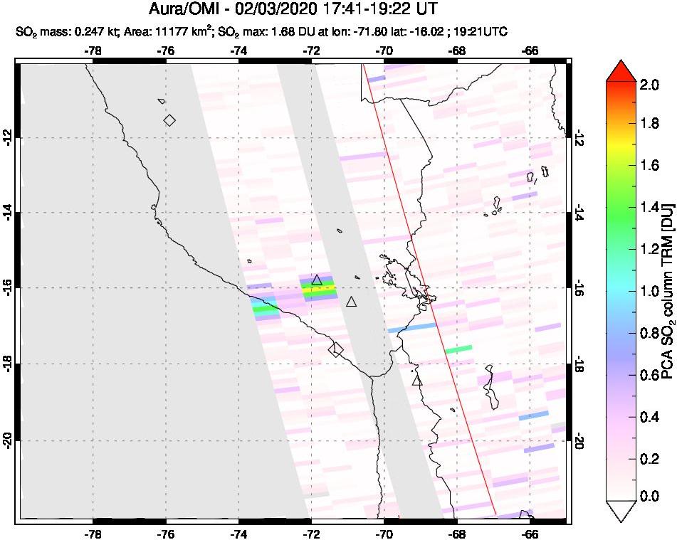 A sulfur dioxide image over Peru on Feb 03, 2020.