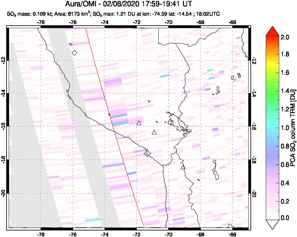 A sulfur dioxide image over Peru on Feb 08, 2020.