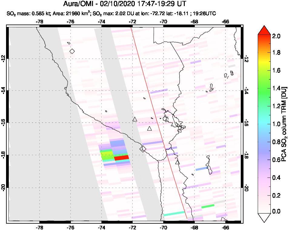 A sulfur dioxide image over Peru on Feb 10, 2020.