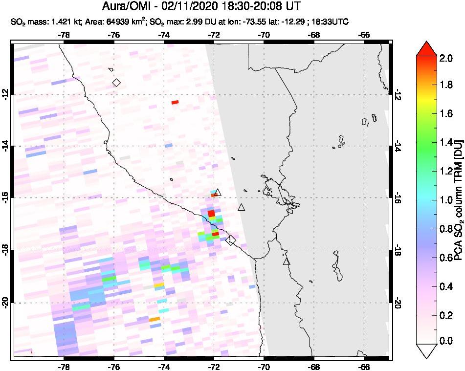 A sulfur dioxide image over Peru on Feb 11, 2020.