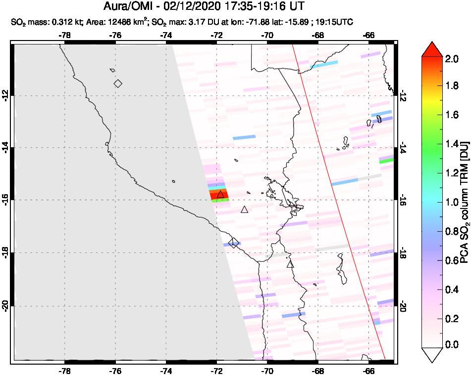 A sulfur dioxide image over Peru on Feb 12, 2020.
