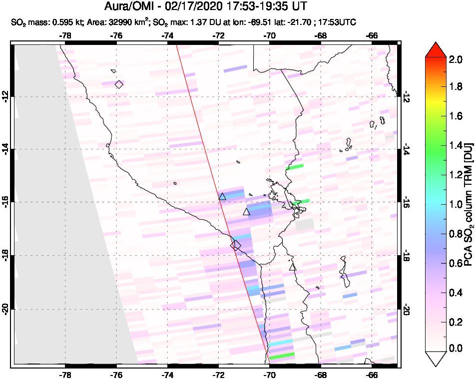 A sulfur dioxide image over Peru on Feb 17, 2020.