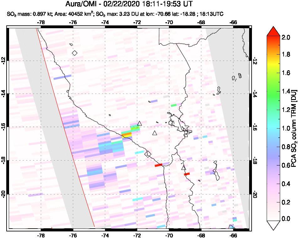 A sulfur dioxide image over Peru on Feb 22, 2020.