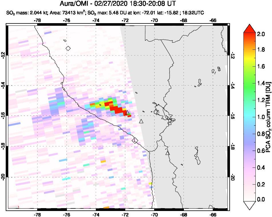 A sulfur dioxide image over Peru on Feb 27, 2020.
